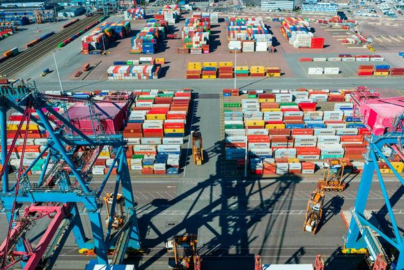 qh9ur2 cargo containers waiting to be loaded at terminals of the port of gothenburg a busy shipping centre on sweden s west coast photo afp 20240721193327