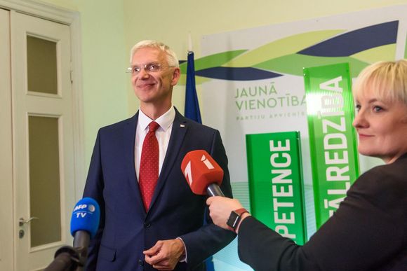 84nyf7 latvias prime minister krisjanis karins speaks to the media after the release of the general election exit polls on 1 october 1 20231119165611